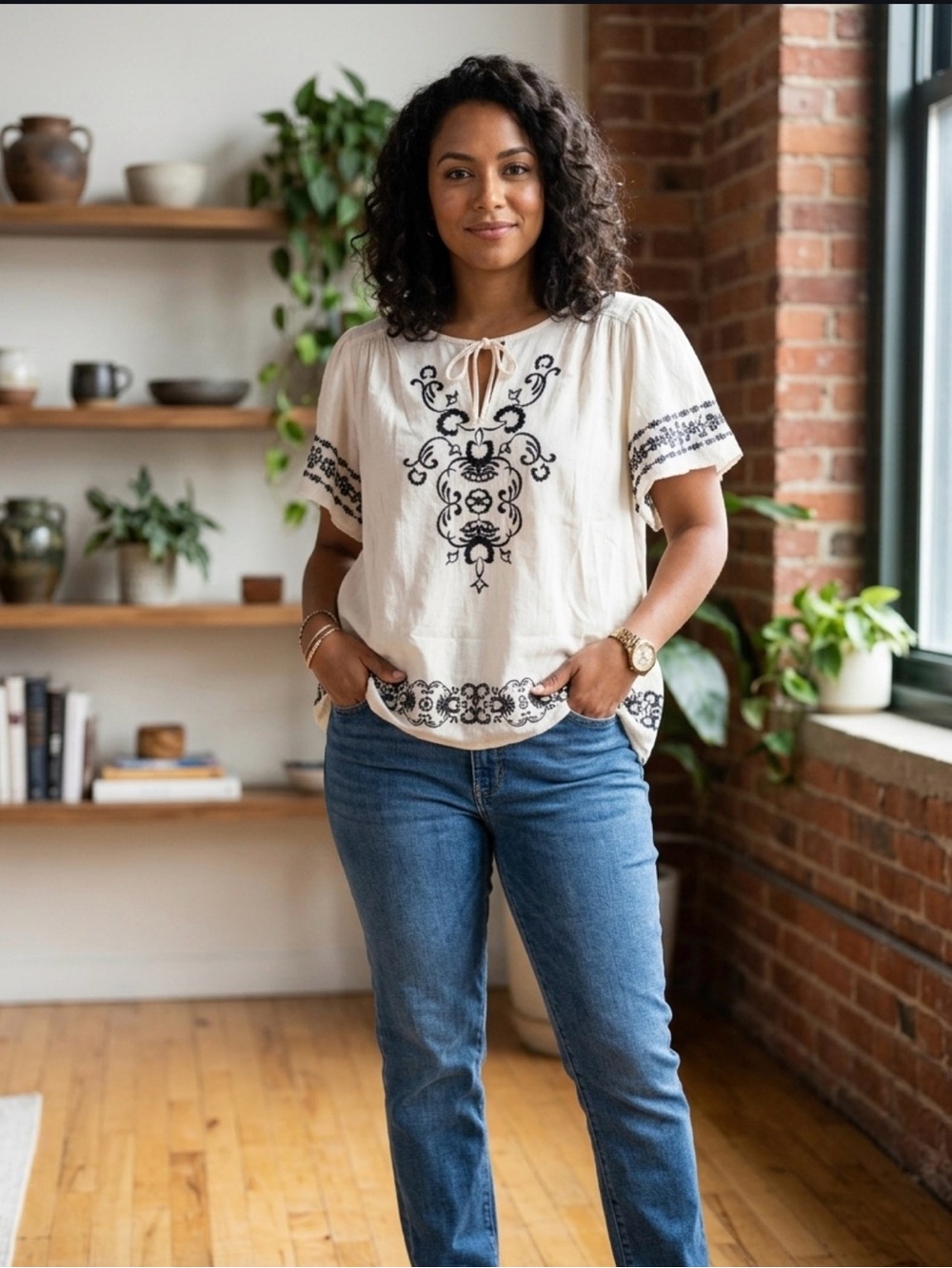 Old Navy Cream Peasant Blouse with Black Embroidery